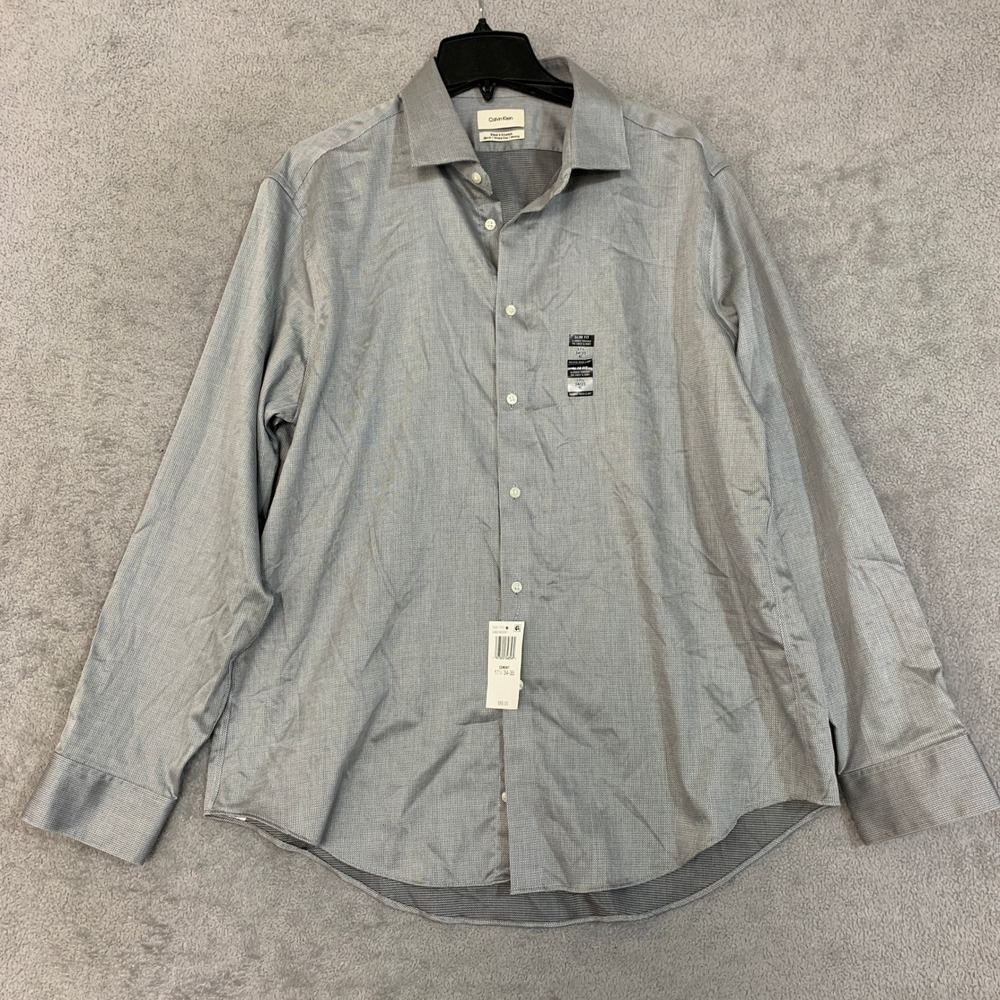 NWT Calvin Klein Men's 17.5 XL Gray Pattern Steel Stretch Dress Shirt